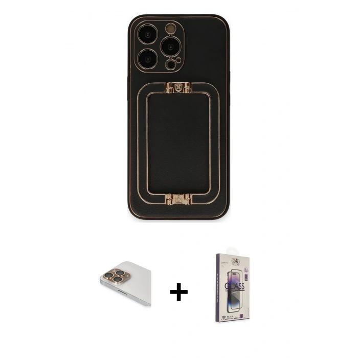 MARSİLYAN™- iPhone 13 Pro Max Kılıf Kozmos Minimal Prime - Siyah Bilvis 3D Cam Ekran Koruyucu + Gold Pers Alüminyum Kamera Lens