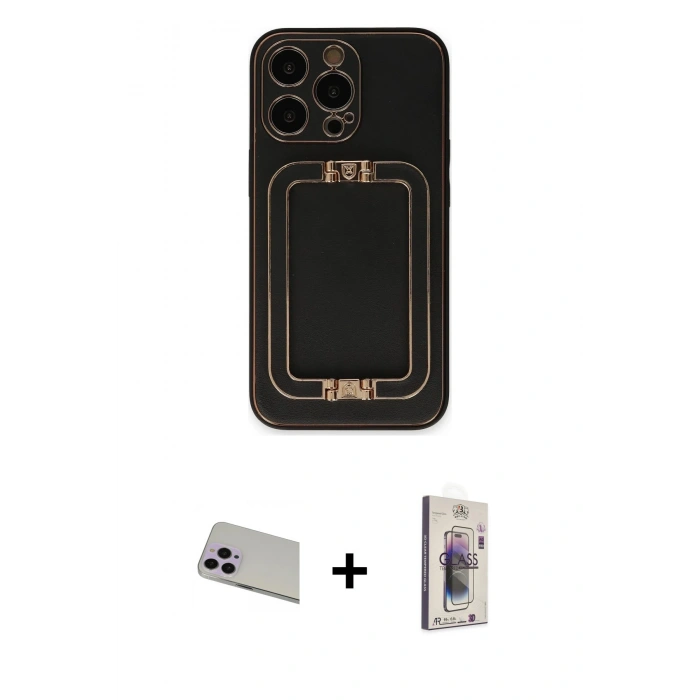 MARSİLYAN™- iPhone 13 Pro Max Kılıf Kozmos Minimal Prime - Siyah Bilvis 3D Cam Ekran Koruyucu + Mor Rainbow Kamera Lens Koruma Cam