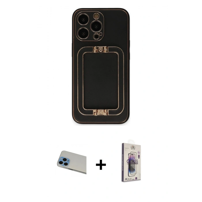 MARSİLYAN™- iPhone 13 Pro Max Kılıf Kozmos Minimal Prime - Siyah Bilvis 3D Cam Ekran Koruyucu + Rainbow Kamera Lens Koruma Cam - MI