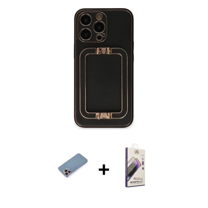 MARSİLYAN™- iPhone 13 Pro Max Kılıf Kozmos Minimal Prime - Siyah Bilvis 3D Mat Cam Ekran Koruyucu + Shine Kamera Lens Koruma Cam - PE
