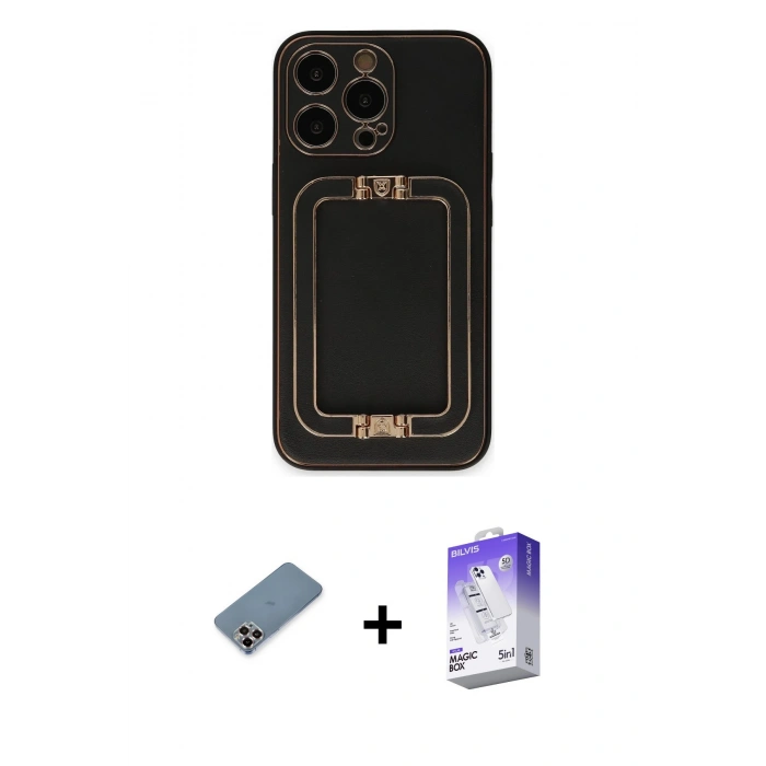 MARSİLYAN™- iPhone 13 Pro Max Kılıf Kozmos Minimal Prime - Siyah Bilvis 5in1 3D Magic Cam Ekran Koruyucu + Metal Kamera Lens Koruma Cam - MR