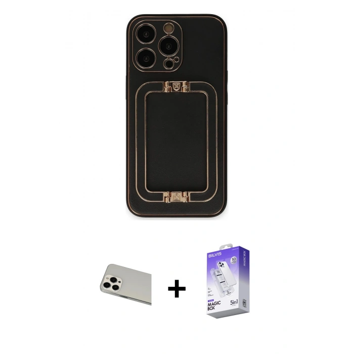 MARSİLYAN™- iPhone 13 Pro Max Kılıf Kozmos Minimal Prime - Siyah Bilvis 5in1 3D Magic Cam Ekran Koruyucu + Rainbow Kamera Lens Koruma Cam - BZ