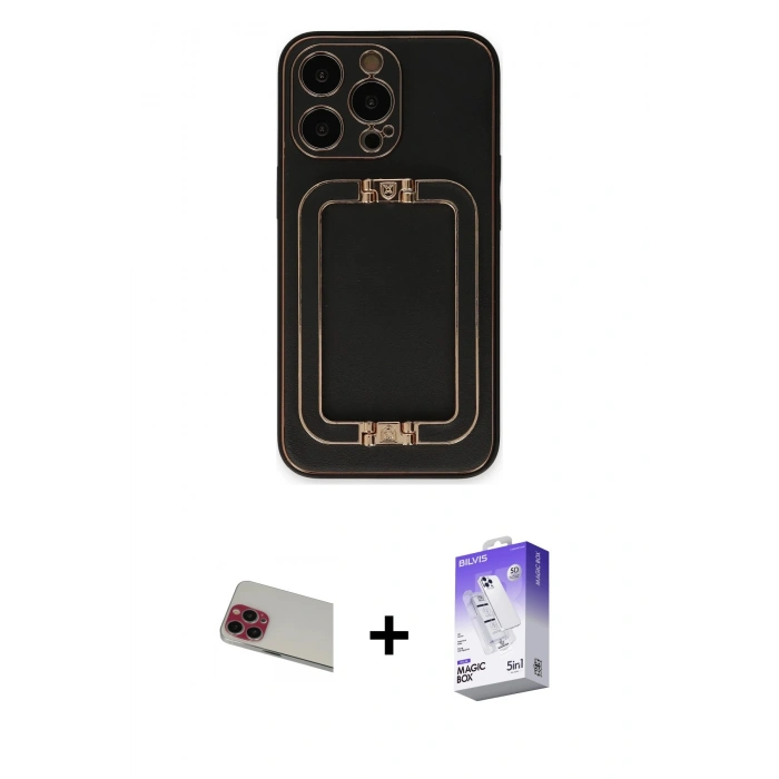 MARSİLYAN™- iPhone 13 Pro Max Kılıf Kozmos Minimal Prime - Siyah Bilvis 5in1 3D Magic Cam Ekran Koruyucu + Rainbow Kamera Lens Koruma Cam - KI