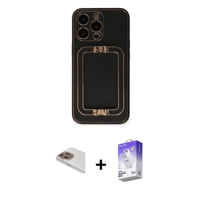 MARSİLYAN™- iPhone 13 Pro Max Kılıf Kozmos Minimal Prime - Siyah Bilvis 5in1 3D Magic Cam Ekran Koruyucu + Pers Alüminyum Kamera Lens - GD