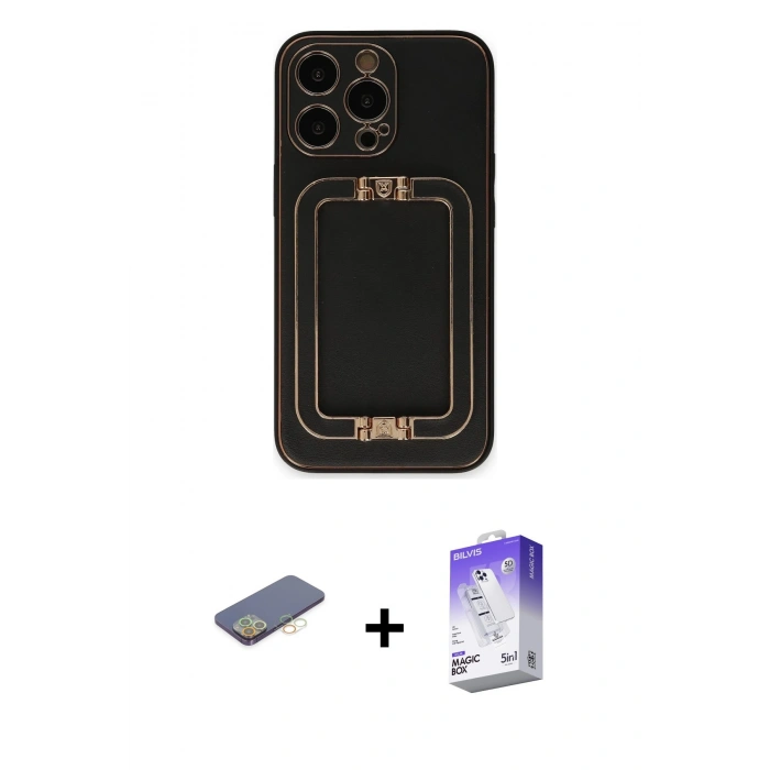 MARSİLYAN™- iPhone 13 Pro Max Kılıf Kozmos Minimal Prime - Siyah Bilvis 5in1 3D Magic Cam Ekran Koruyucu + Renkli Kamera Lens Koruma Cam - SI