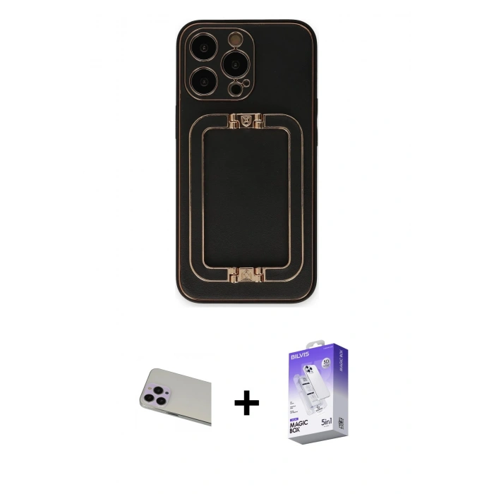 MARSİLYAN™- iPhone 13 Pro Max Kılıf Kozmos Minimal Prime - Siyah Bilvis 5in1 3D Magic Cam Ekran Koruyucu + Rainbow Kamera Lens Koruma Cam - MR