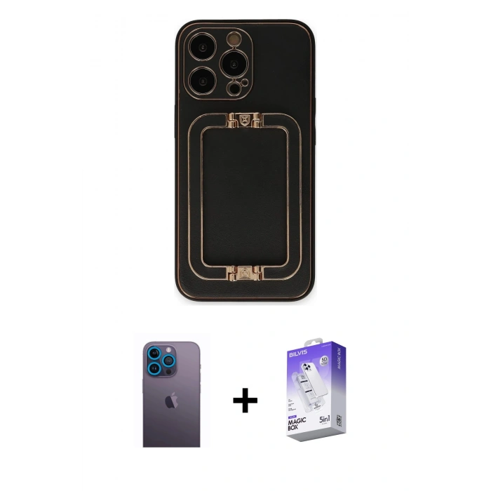 MARSİLYAN™- iPhone 13 Pro Max Kılıf Kozmos Minimal Prime - Siyah Bilvis 5in1 3D Magic Cam Ekran Koruyucu + Neon Fosforlu Kamera Lens - MI