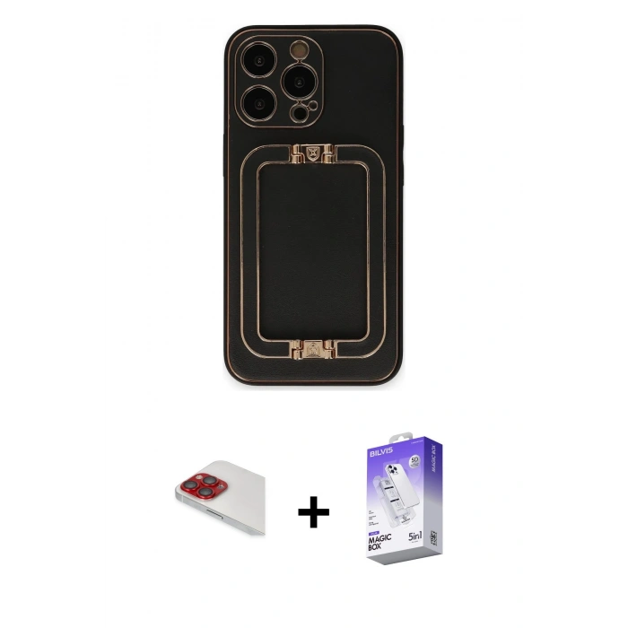 MARSİLYAN™- iPhone 13 Pro Max Kılıf Kozmos Minimal Prime - Siyah Bilvis 5in1 3D Magic Cam Ekran Koruyucu + Pers Alüminyum Kamera Lens - KI