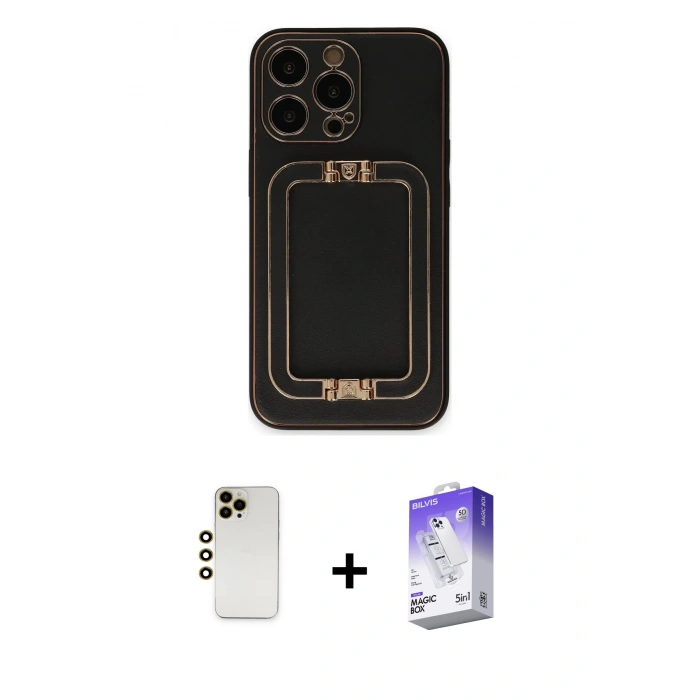 MARSİLYAN™- iPhone 13 Pro Max Kılıf Kozmos Minimal Prime - Siyah Bilvis 5in1 3D Magic Cam Ekran Koruyucu + Shine Kamera Lens - GD