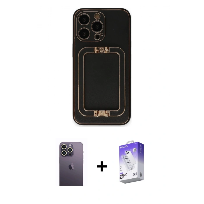 MARSİLYAN™- iPhone 13 Pro Max Kılıf Kozmos Minimal Prime - Siyah Bilvis 5in1 3D Magic Cam Ekran Koruyucu + Neon Fosforlu Kamera Lens - BZ