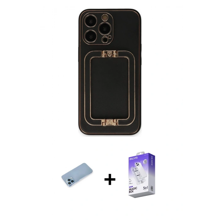 MARSİLYAN™- iPhone 13 Pro Max Kılıf Kozmos Minimal Prime - Siyah Bilvis 5in1 3D Magic Cam Ekran Koruyucu + Shine Kamera Lens Koruma Cam - MI