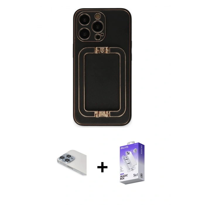 MARSİLYAN™- iPhone 13 Pro Max Kılıf Kozmos Minimal Prime - Siyah Bilvis 5in1 3D Magic Cam Ekran Koruyucu + Sierra Blue Pers Alüminyum Kamera Lens