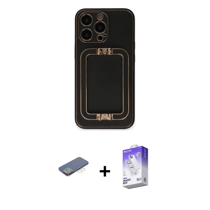 MARSİLYAN™- iPhone 13 Pro Max Kılıf Kozmos Minimal Prime - Siyah Bilvis 5in1 3D Magic Cam Ekran Koruyucu + Renkli Kamera Lens Koruma Cam - YL