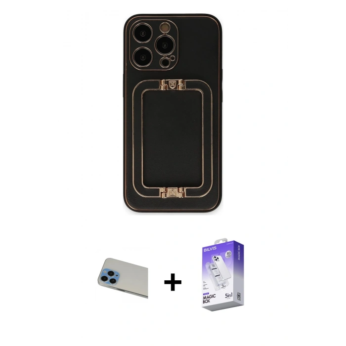 MARSİLYAN™- iPhone 13 Pro Max Kılıf Kozmos Minimal Prime - Siyah Bilvis 5in1 3D Magic Cam Ekran Koruyucu + Rainbow Kamera Lens Koruma Cam - MI