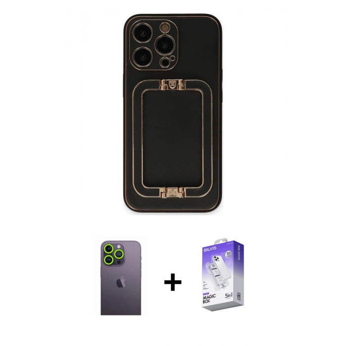 MARSİLYAN™- iPhone 13 Pro Max Kılıf Kozmos Minimal Prime - Siyah Bilvis 5in1 3D Magic Cam Ekran Koruyucu + Neon Fosforlu Kamera Lens - YL