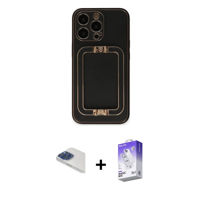 MARSİLYAN™- iPhone 13 Pro Max Kılıf Kozmos Minimal Prime - Siyah Bilvis 5in1 3D Magic Cam Ekran Koruyucu + Pers Alüminyum Kamera Lens - LT
