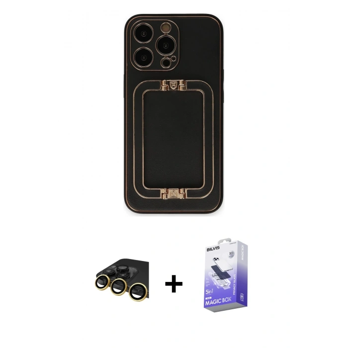 MARSİLYAN™- iPhone 13 Pro Max Kılıf Kozmos Minimal Prime - Siyah Bilvis 5in1 5D Magic Hayalet Cam Ekran Koruyucu + Raze Metal Kamera Lens - GD