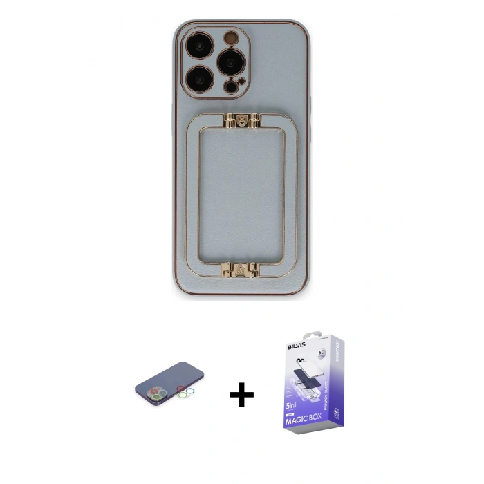 MARSİLYAN™- iPhone 13 Pro Max Kılıf Kozmos Minimal Prime - Siyah Bilvis 5in1 5D Magic Hayalet Cam Ekran Koruyucu + Renkli Kamera Lens Koruma Cam - MI