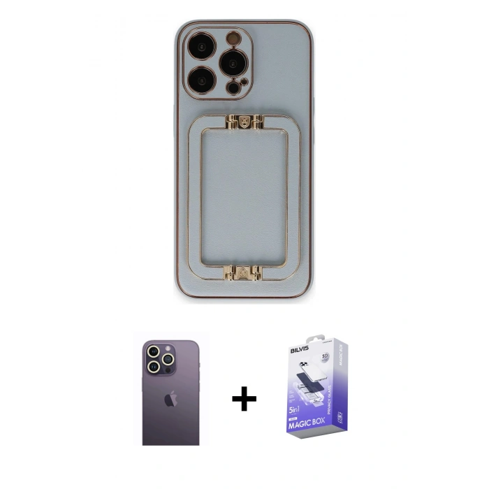 MARSİLYAN™- iPhone 13 Pro Max Kılıf Kozmos Minimal Prime - Siyah Bilvis 5in1 5D Magic Hayalet Cam Ekran Koruyucu + Neon Fosforlu Kamera Lens - BZ