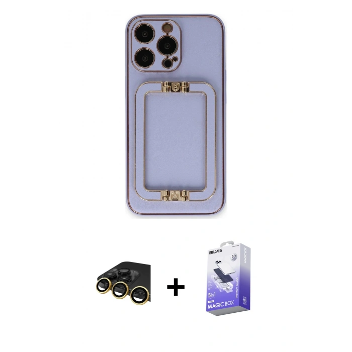 MARSİLYAN™- iPhone 13 Pro Max Kılıf Kozmos Minimal Prime - Siyah Bilvis 5in1 5D Magic Hayalet Cam Ekran Koruyucu + Raze Metal Kamera Lens - GD
