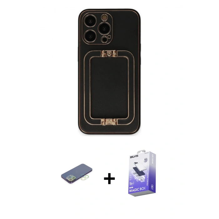 MARSİLYAN™- iPhone 13 Pro Max Kılıf Kozmos Minimal Prime - Siyah Bilvis 5in1 5D Magic Hayalet Cam Ekran Koruyucu + Renkli Kamera Lens Koruma Cam - YL