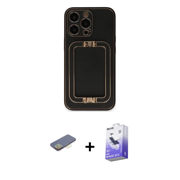 MARSİLYAN™- iPhone 13 Pro Max Kılıf Kozmos Minimal Prime - Siyah Bilvis 5in1 5D Magic Hayalet Cam Ekran Koruyucu + Renkli Kamera Lens Koruma Cam - SI