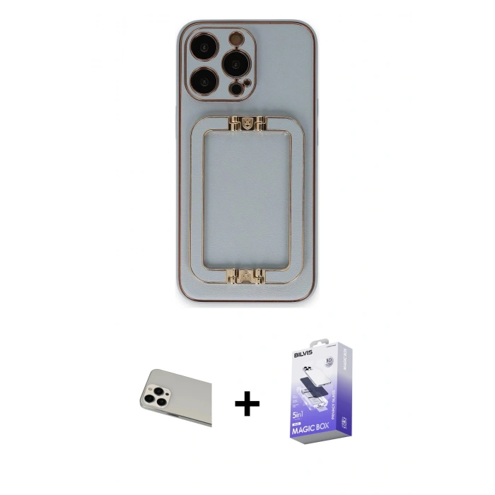MARSİLYAN™- iPhone 13 Pro Max Kılıf Kozmos Minimal Prime - Siyah Bilvis 5in1 5D Magic Hayalet Cam Ekran Koruyucu + Beyaz Rainbow Kamera Lens Koruma Cam