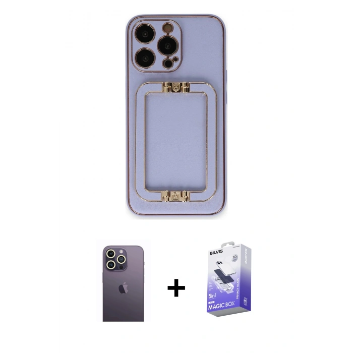 MARSİLYAN™- iPhone 13 Pro Max Kılıf Kozmos Minimal Prime - Siyah Bilvis 5in1 5D Magic Hayalet Cam Ekran Koruyucu + Neon Fosforlu Kamera Lens - BZ