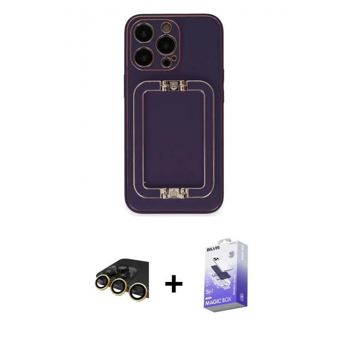 MARSİLYAN™- iPhone 13 Pro Max Kılıf Kozmos Minimal Prime - Siyah Bilvis 5in1 5D Magic Hayalet Cam Ekran Koruyucu + Raze Metal Kamera Lens - GD