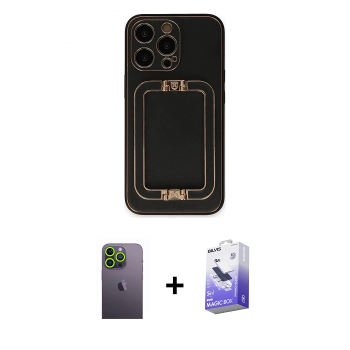 MARSİLYAN™- iPhone 13 Pro Max Kılıf Kozmos Minimal Prime - Siyah Bilvis 5in1 5D Magic Hayalet Cam Ekran Koruyucu + Yeşil Neon Fosforlu Kamera Lens