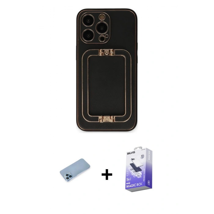 MARSİLYAN™- iPhone 13 Pro Max Kılıf Kozmos Minimal Prime - Siyah Bilvis 5in1 5D Magic Hayalet Cam Ekran Koruyucu + Shine Kamera Lens Koruma Cam - MI