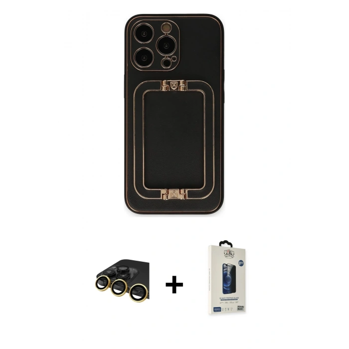 MARSİLYAN™- iPhone 13 Pro Max Kılıf Kozmos Minimal Prime - Siyah Bilvis Hayalet Cam Ekran Koruyucu + Gold Raze Metal Kamera Lens