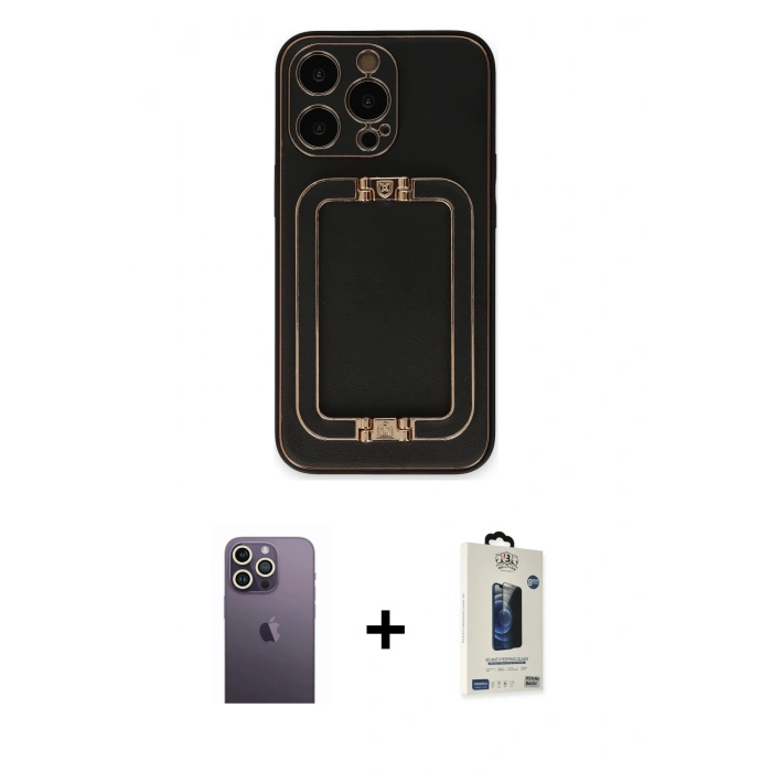 MARSİLYAN™- iPhone 13 Pro Max Kılıf Kozmos Minimal Prime - Siyah Bilvis Hayalet Cam Ekran Koruyucu + Neon Fosforlu Kamera Lens - BZ