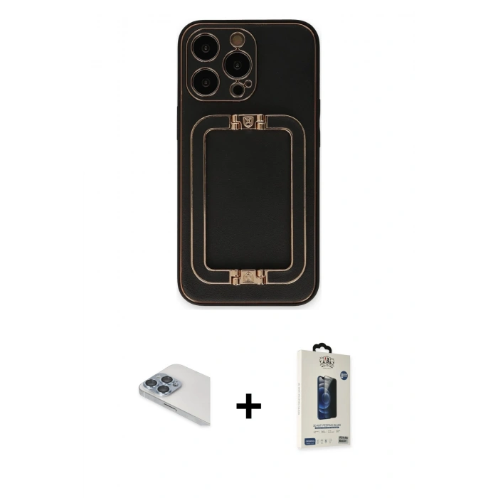 MARSİLYAN™- iPhone 13 Pro Max Kılıf Kozmos Minimal Prime - Siyah Bilvis Hayalet Cam Ekran Koruyucu + Pers Alüminyum Kamera Lens - SABE