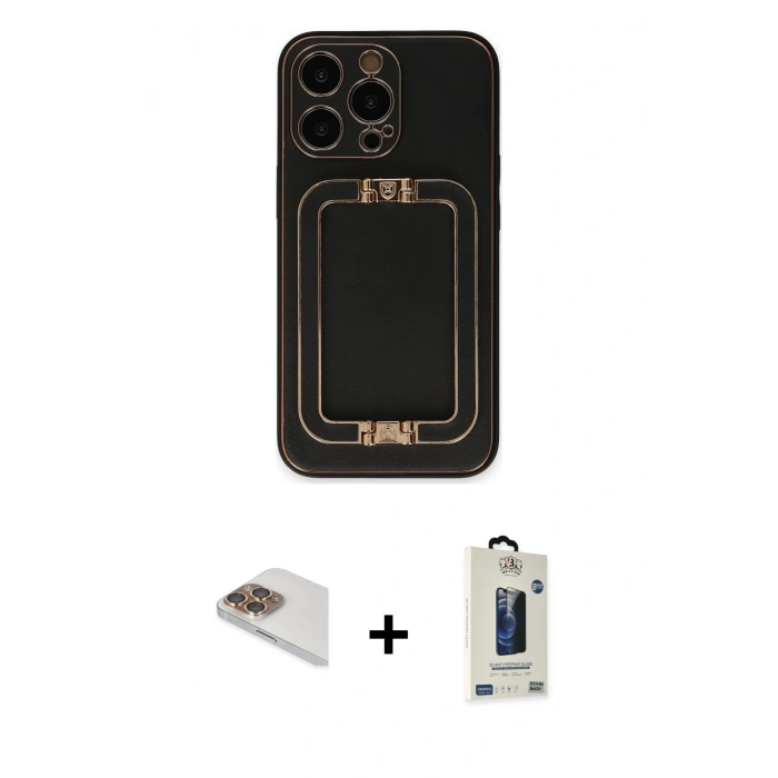 MARSİLYAN™- iPhone 13 Pro Max Kılıf Kozmos Minimal Prime - Siyah Bilvis Hayalet Cam Ekran Koruyucu + Pers Alüminyum Kamera Lens - GD