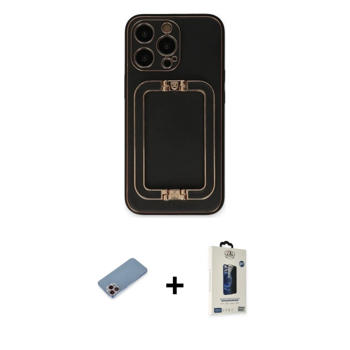 MARSİLYAN™- iPhone 13 Pro Max Kılıf Kozmos Minimal Prime - Siyah Bilvis Hayalet Cam Ekran Koruyucu + Shine Kamera Lens Koruma Cam - PE