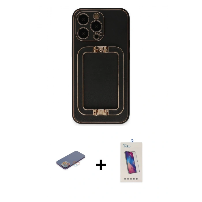 MARSİLYAN™- iPhone 13 Pro Max Kılıf Kozmos Minimal Prime - Siyah Joko 5D Cam + Pembe Renkli Kamera Lens Koruma Cam