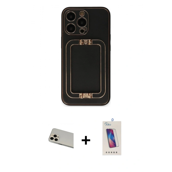 MARSİLYAN™- iPhone 13 Pro Max Kılıf Kozmos Minimal Prime - Siyah Joko 5D Cam + Rose Gold Rainbow Kamera Lens Koruma Cam