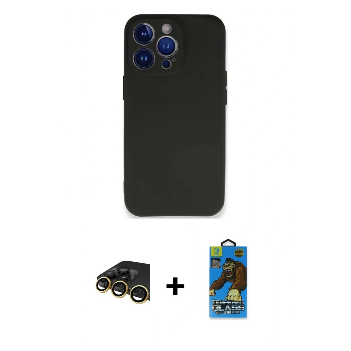 MARSİLYAN™- iPhone 13 Pro Max Kılıf Kozmos Yansıma Özel Seri - Siyah 18D Cam Ekran Koruyucu + Gold Raze Metal Kamera Lens