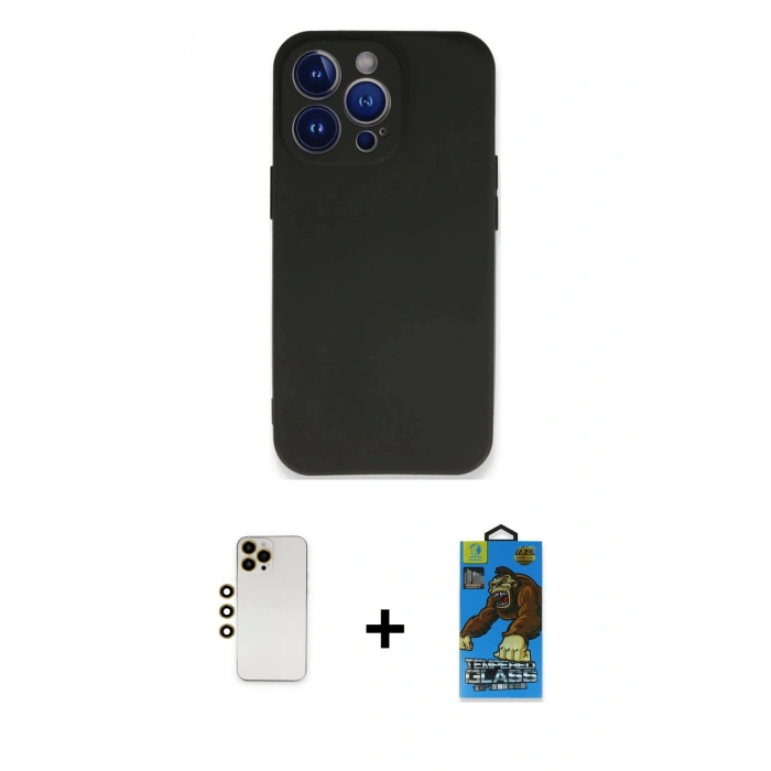 MARSİLYAN™- iPhone 13 Pro Max Kılıf Kozmos Yansıma Özel Seri - Siyah 18D Cam Ekran Koruyucu + Gold Shine Kamera Lens
