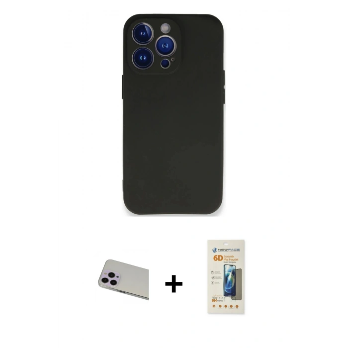 MARSİLYAN™- iPhone 13 Pro Max Kılıf Kozmos Yansıma Özel Seri - Siyah 6D Mat Seramik Hayalet Nano Ekran Koruyucu + Rainbow Kamera Lens Koruma Cam - MR