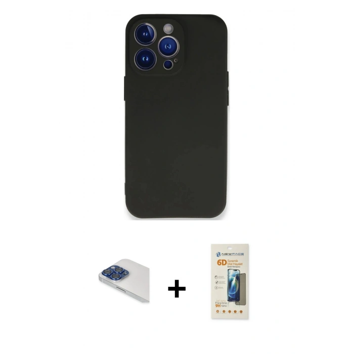 MARSİLYAN™- iPhone 13 Pro Max Kılıf Kozmos Yansıma Özel Seri - Siyah 6D Mat Seramik Hayalet Nano Ekran Koruyucu + Lacivert Pers Alüminyum Kamera Lens