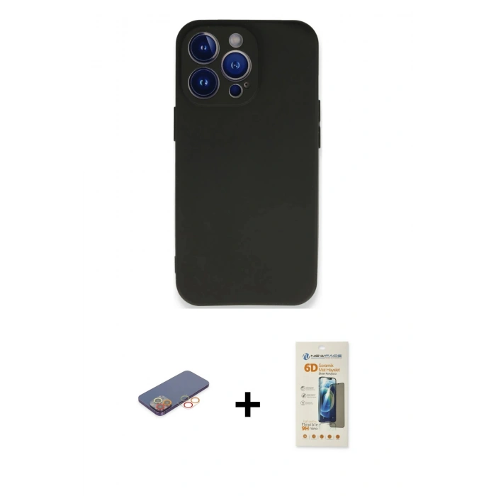 MARSİLYAN™- iPhone 13 Pro Max Kılıf Kozmos Yansıma Özel Seri - Siyah 6D Mat Seramik Hayalet Nano Ekran Koruyucu + Turuncu Renkli Kamera Lens Koruma Cam