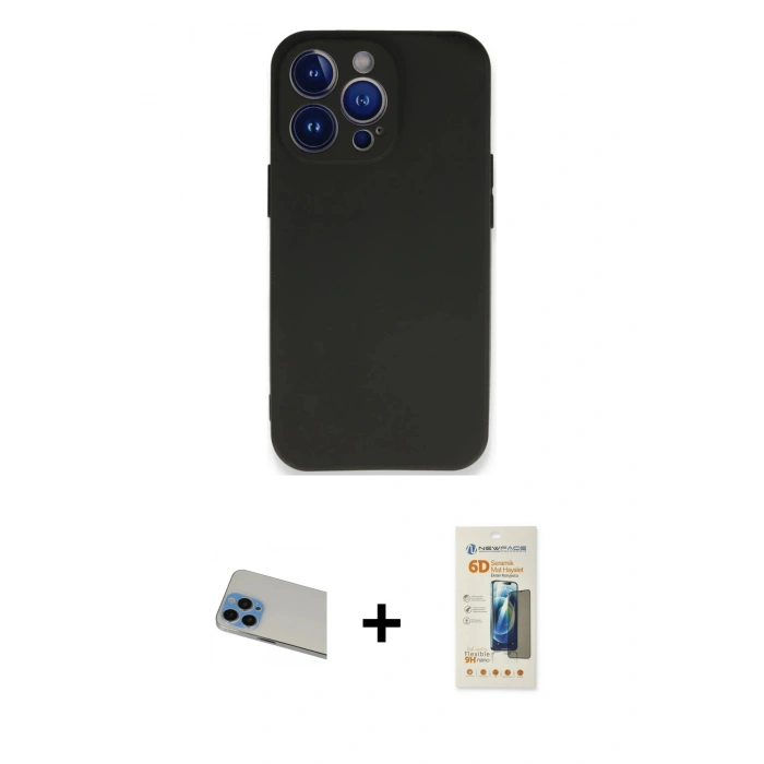 MARSİLYAN™- iPhone 13 Pro Max Kılıf Kozmos Yansıma Özel Seri - Siyah 6D Mat Seramik Hayalet Nano Ekran Koruyucu + Rainbow Kamera Lens Koruma Cam - MI