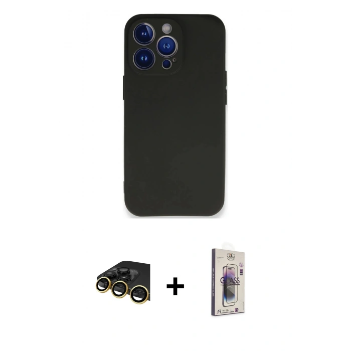 MARSİLYAN™- iPhone 13 Pro Max Kılıf Kozmos Yansıma Özel Seri - Siyah Bilvis 3D Cam Ekran Koruyucu + Gold Raze Metal Kamera Lens