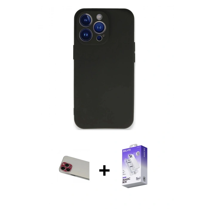 MARSİLYAN™- iPhone 13 Pro Max Kılıf Kozmos Yansıma Özel Seri - Siyah Bilvis 5in1 3D Magic Cam Ekran Koruyucu + Rainbow Kamera Lens Koruma Cam - KI