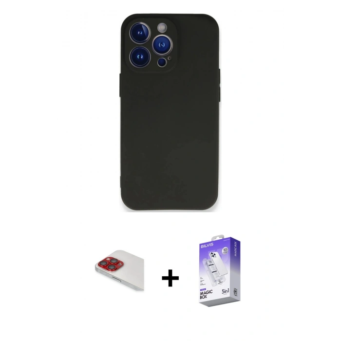 MARSİLYAN™- iPhone 13 Pro Max Kılıf Kozmos Yansıma Özel Seri - Siyah Bilvis 5in1 3D Magic Cam Ekran Koruyucu + Kırmızı Pers Alüminyum Kamera Lens