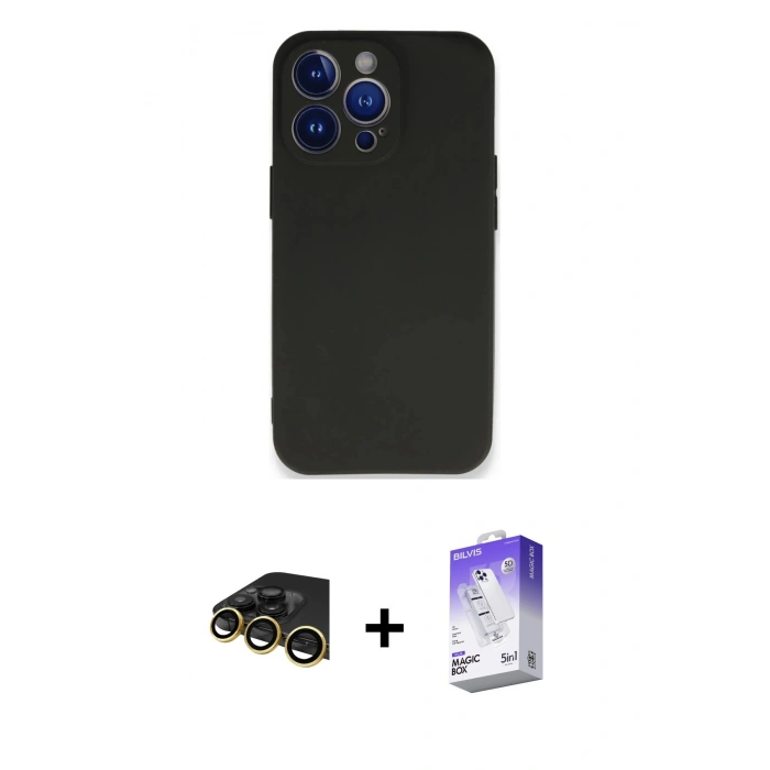 MARSİLYAN™- iPhone 13 Pro Max Kılıf Kozmos Yansıma Özel Seri - Siyah Bilvis 5in1 3D Magic Cam Ekran Koruyucu + Raze Metal Kamera Lens - GD