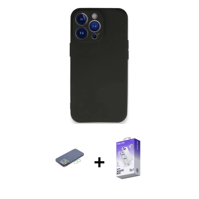 MARSİLYAN™- iPhone 13 Pro Max Kılıf Kozmos Yansıma Özel Seri - Siyah Bilvis 5in1 3D Magic Cam Ekran Koruyucu + Renkli Kamera Lens Koruma Cam - YL