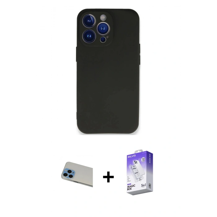 MARSİLYAN™- iPhone 13 Pro Max Kılıf Kozmos Yansıma Özel Seri - Siyah Bilvis 5in1 3D Magic Cam Ekran Koruyucu + Rainbow Kamera Lens Koruma Cam - MI
